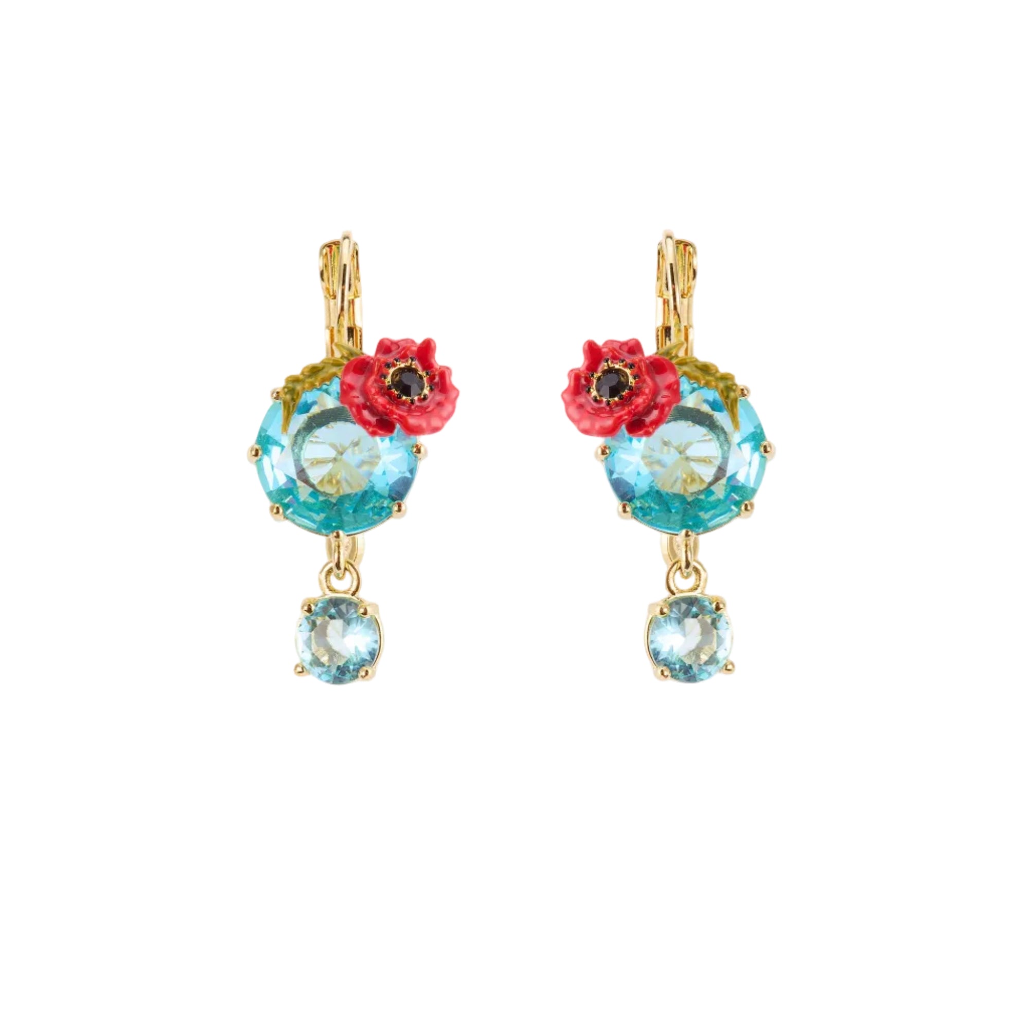 Pair of gold-toned sleeper earrings with light blue faceted gemstones and red enamel poppy flowers with green leaves.