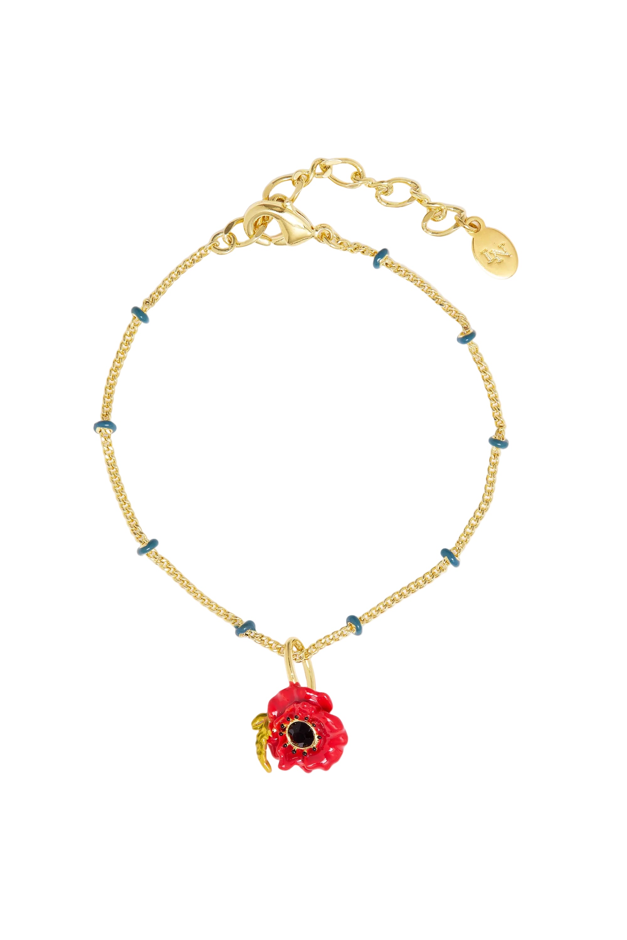 Gold-toned chain bracelet with small blue enamel beads and a red enamel poppy flower charm with a black centre.