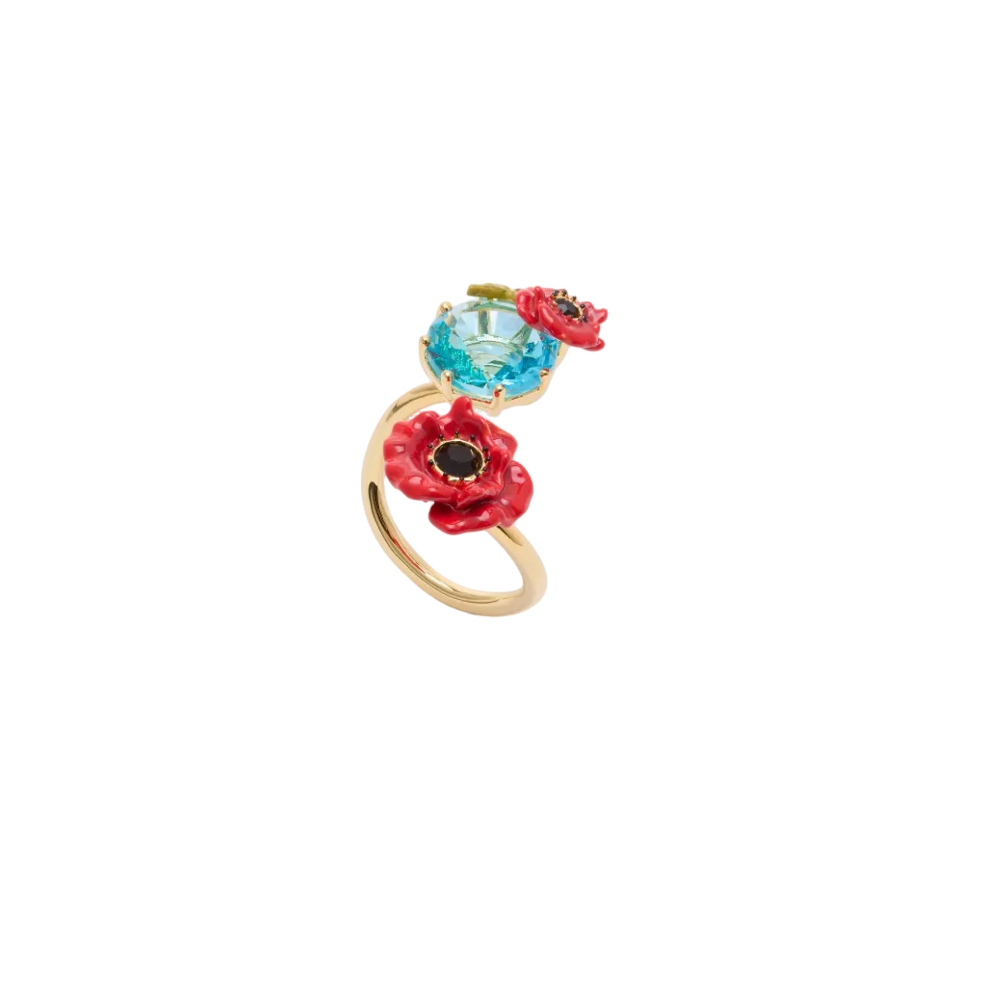 Gold-toned adjustable ring with two red enamel poppy flowers, a large faceted blue gemstone, and a small black stone.