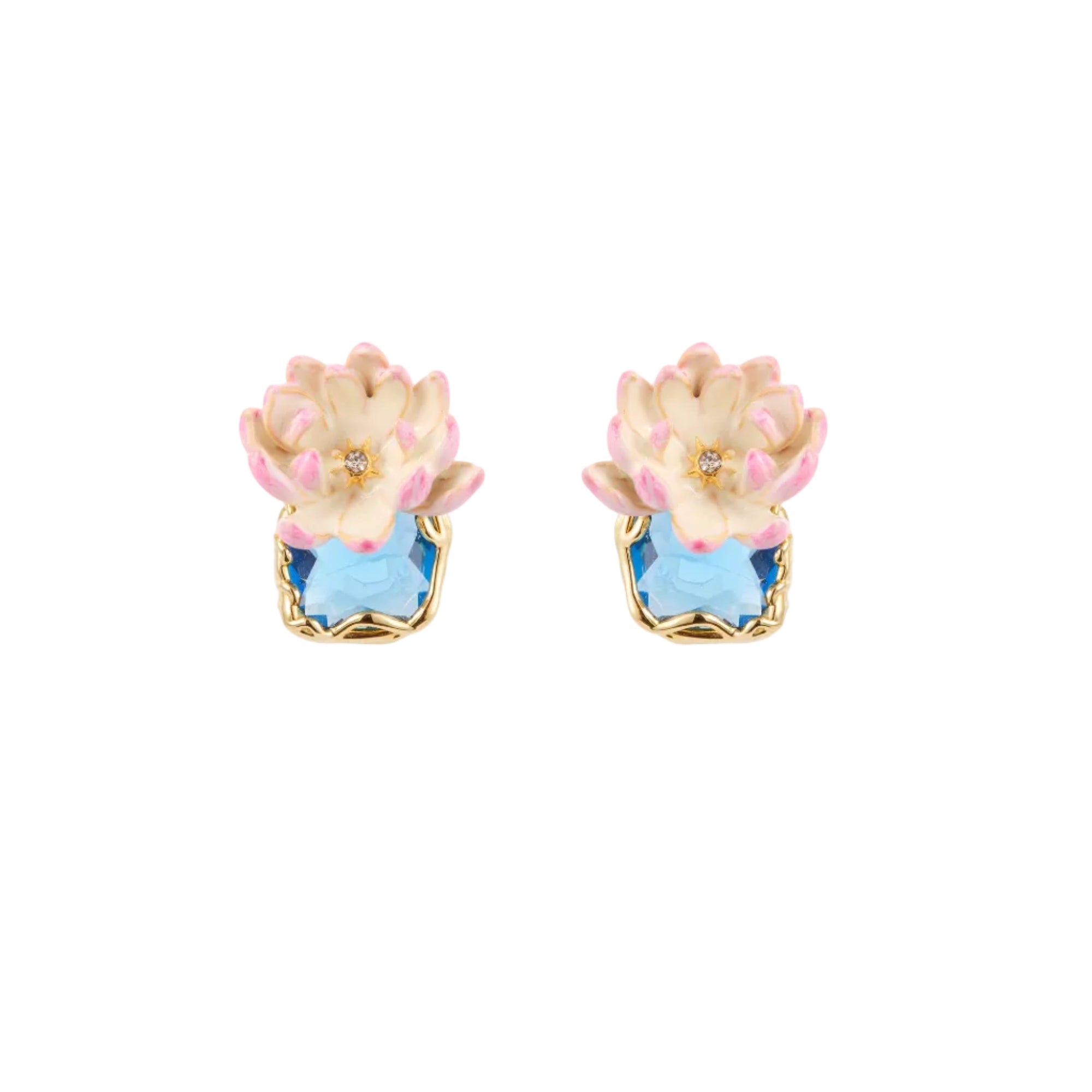 Pair of gold-toned post earrings with cream and pink enamelled lotus flowers, each with a clear centre stone and a light blue