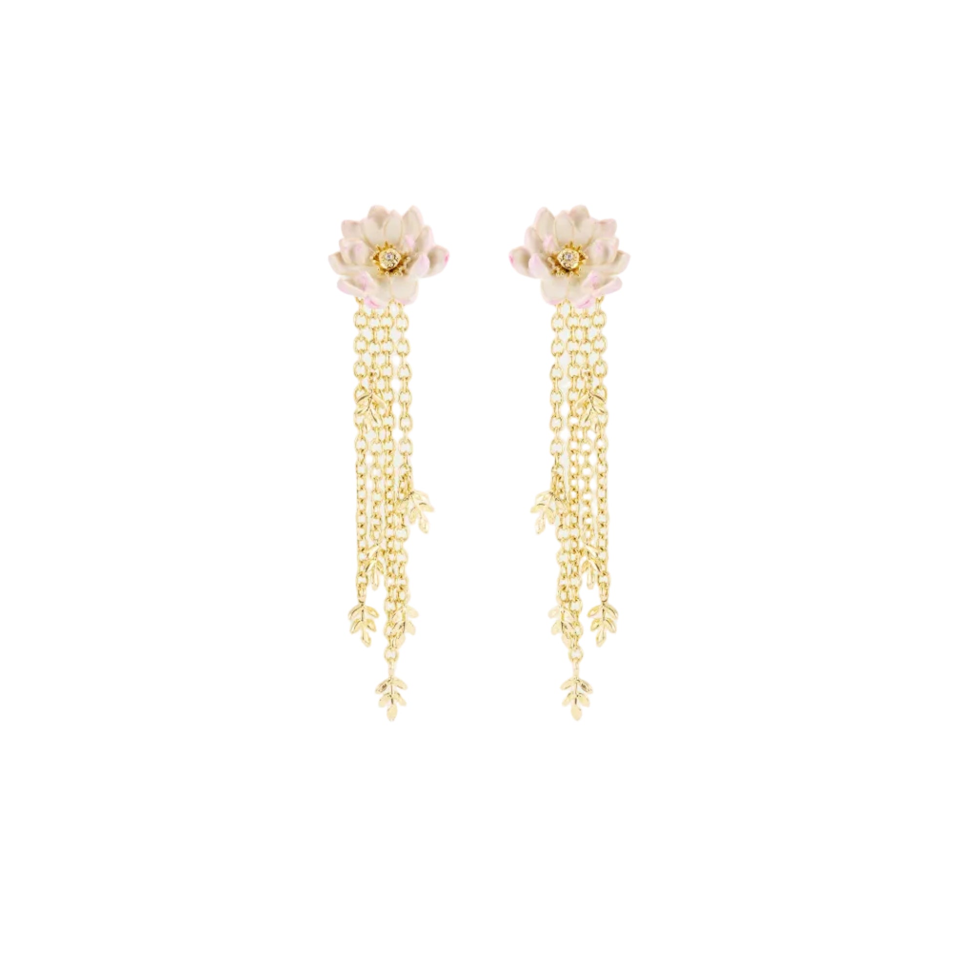 Pair of light pink and white floral post earrings with gold-toned cascading chains and small leaf charms.