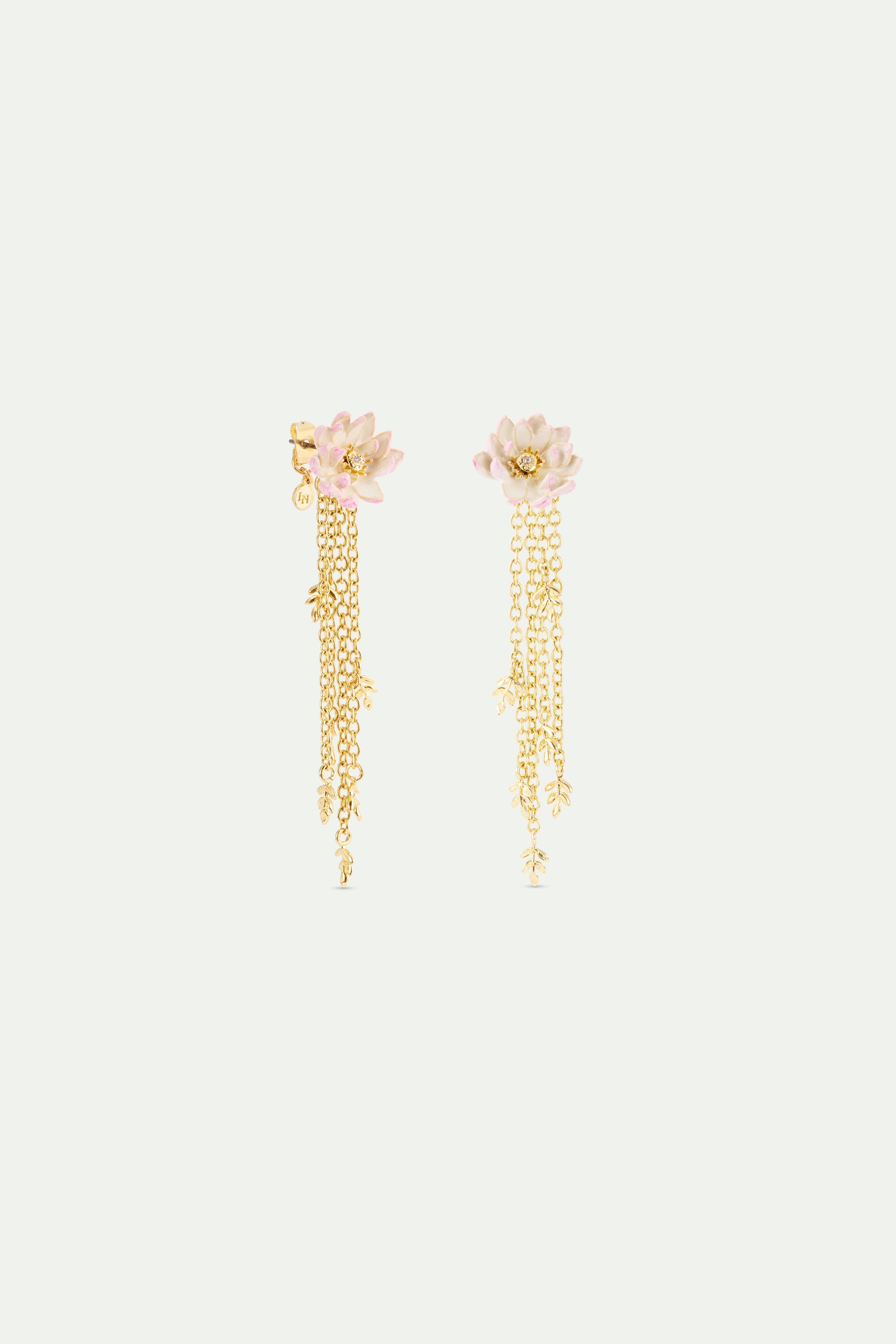 Pair of post earrings with pink and white flowers, each featuring a clear gem and multiple dangling gold-toned chains with le