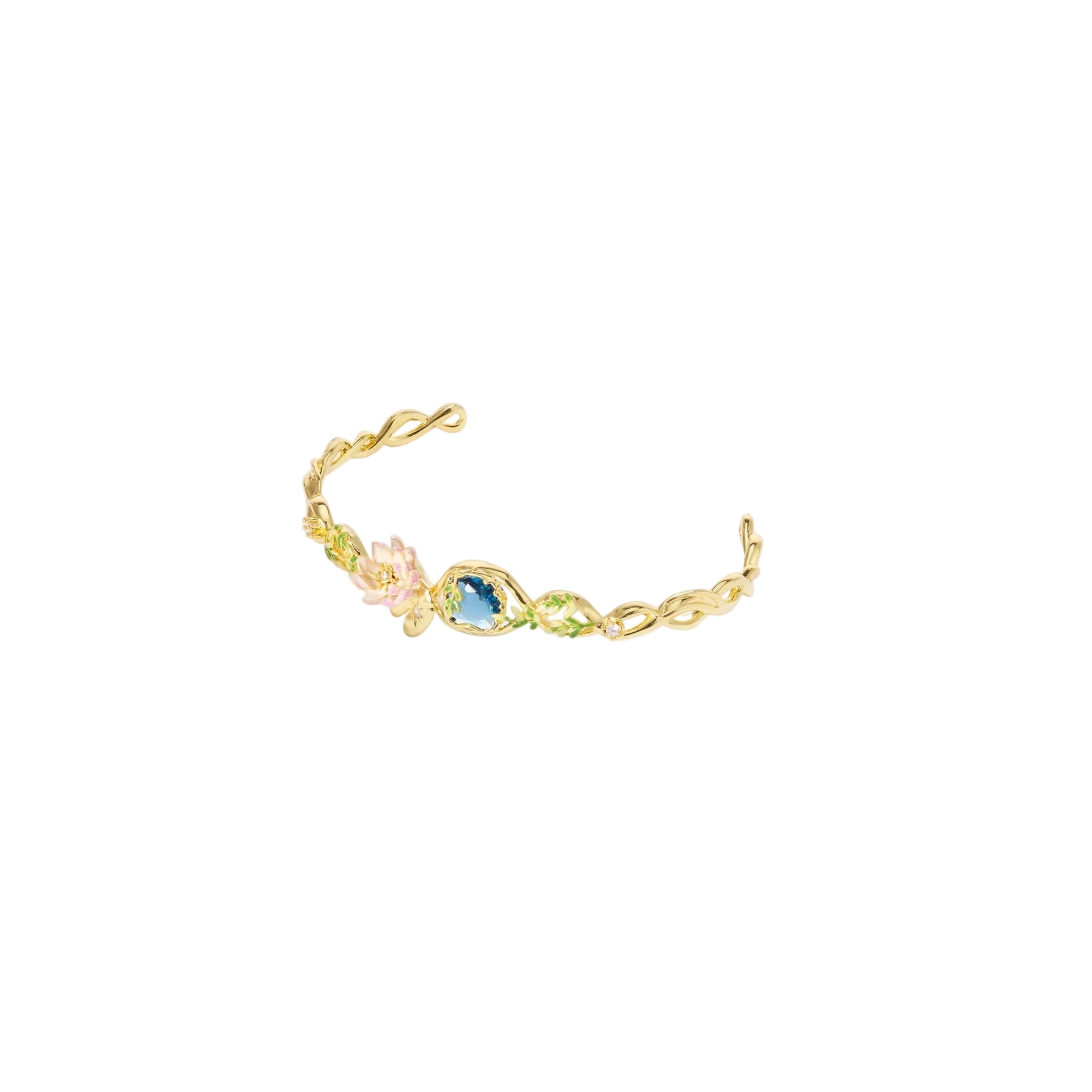 Gold-toned open cuff bracelet with a twisted band, featuring a central blue oval stone, pink flower, and green leaf enamel de