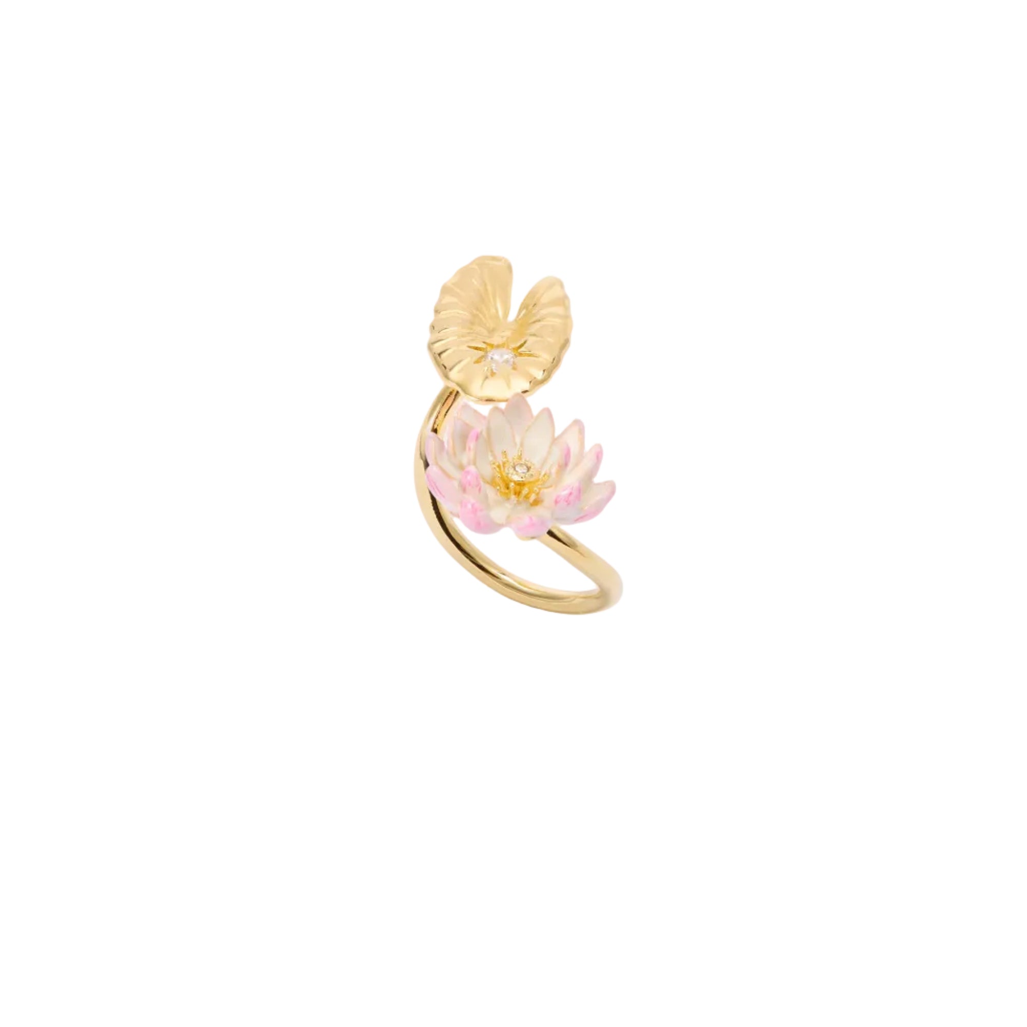 Gold-toned adjustable ring with a textured lily pad and a pink and white enamelled water lily flower, each with a clear stone