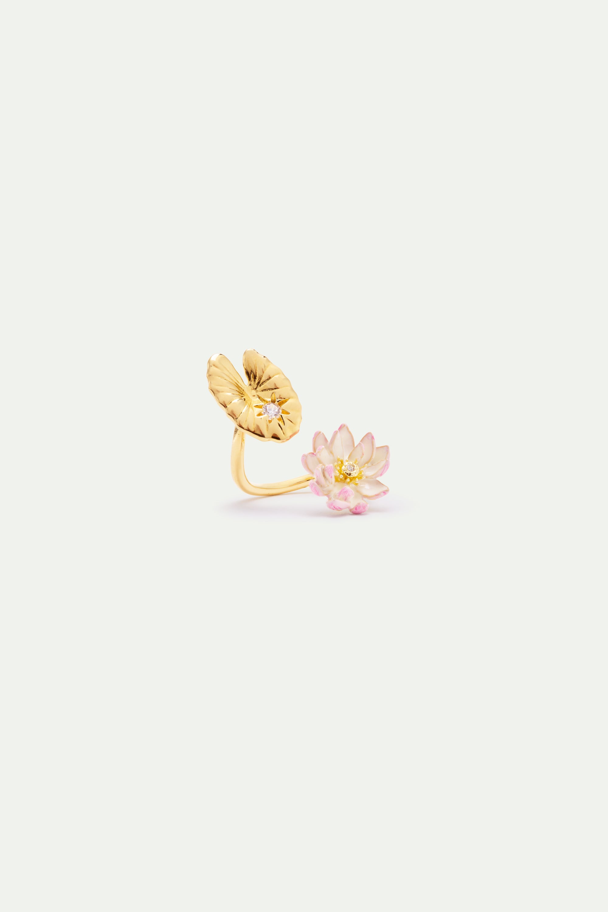 Adjustable gold-toned ring with a textured lily pad and a pink and white lotus flower, each with a clear stone.
