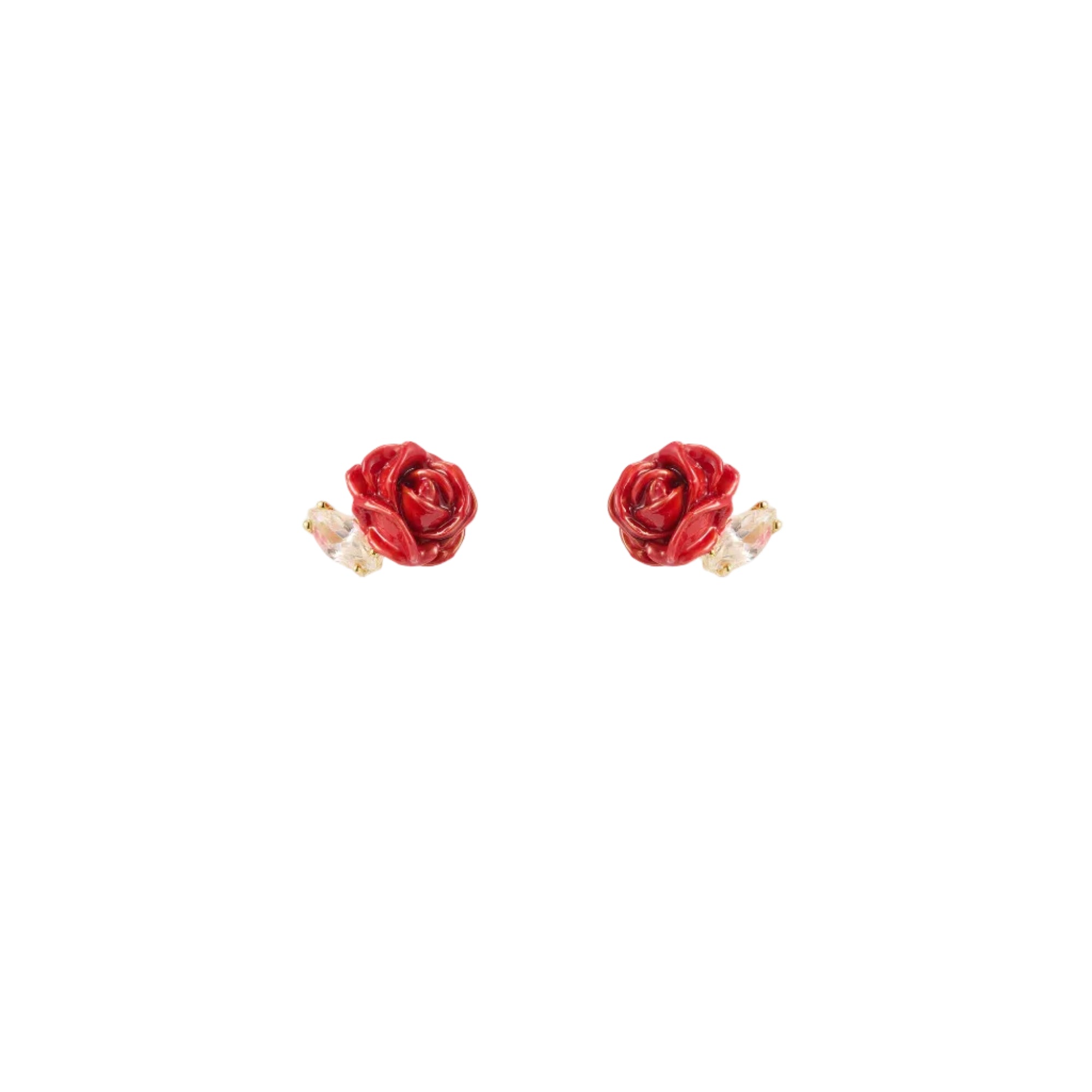 Pair of red enamel sculpted rose post earrings with clear faceted stones set in gold-toned metal.