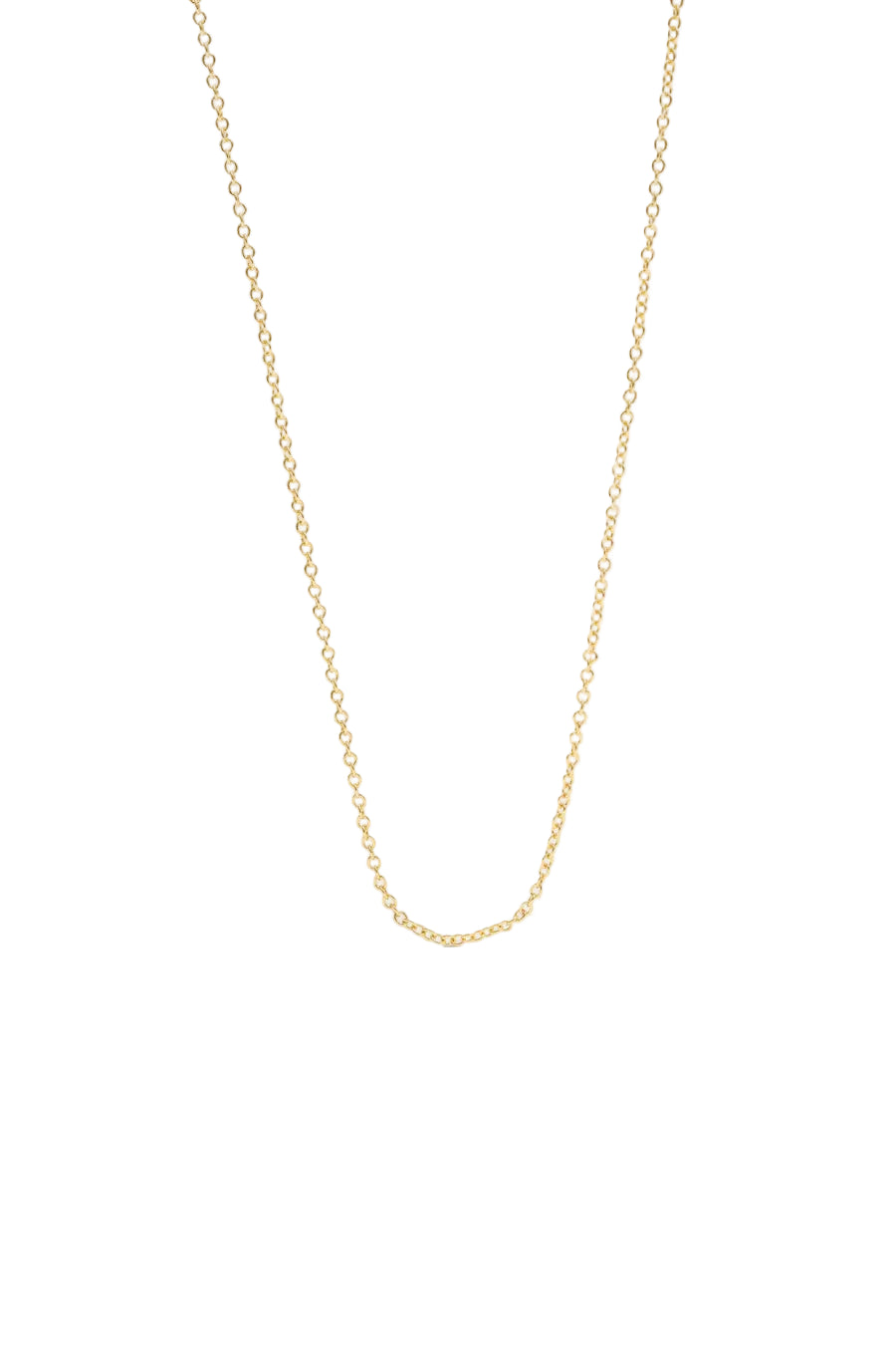 Gold-toned delicate chain necklace with small, uniform oval links, laid flat.