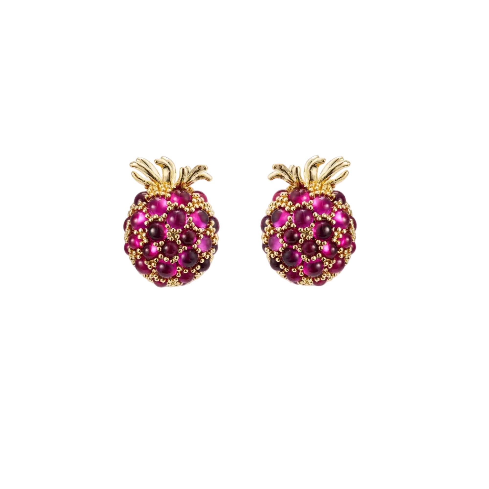 Pair of gold-toned post earrings shaped like raspberries, embellished with fuchsia and deep pink cabochon beads.