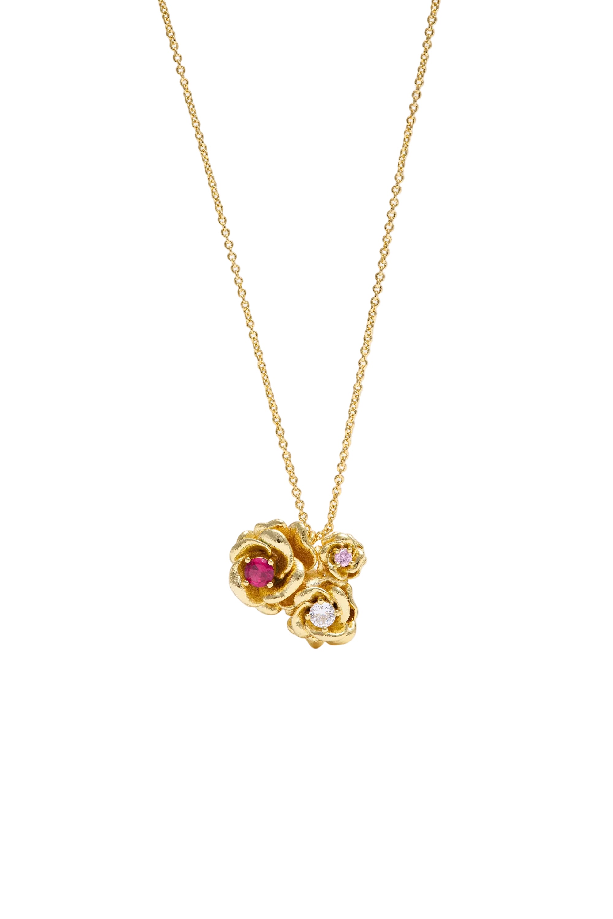 Gold-toned necklace with a pendant featuring three rose-shaped elements, one with a red stone, one with a clear stone, and on