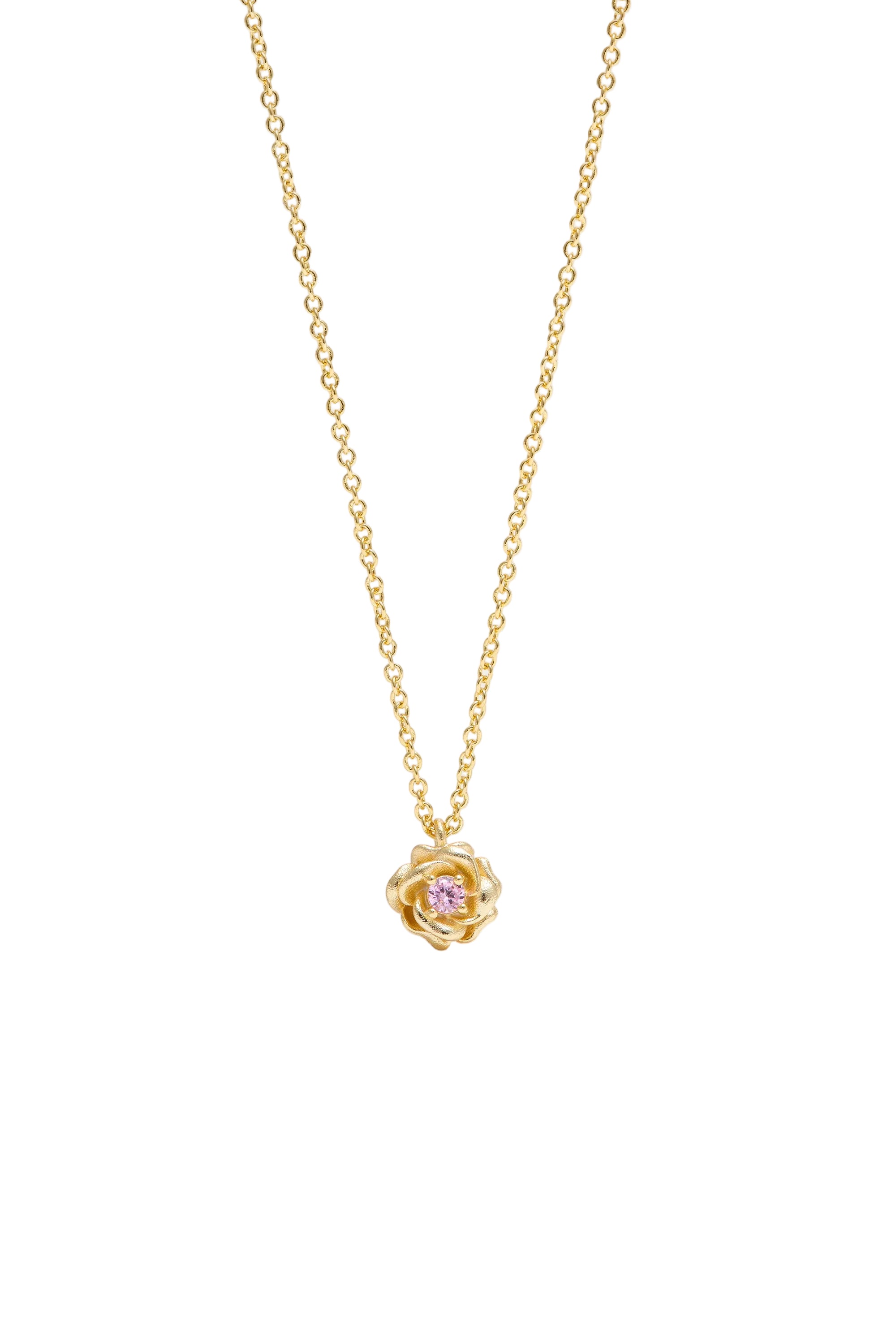 Gold-toned link chain necklace with a sculpted rose pendant featuring a pink faceted stone at its centre.