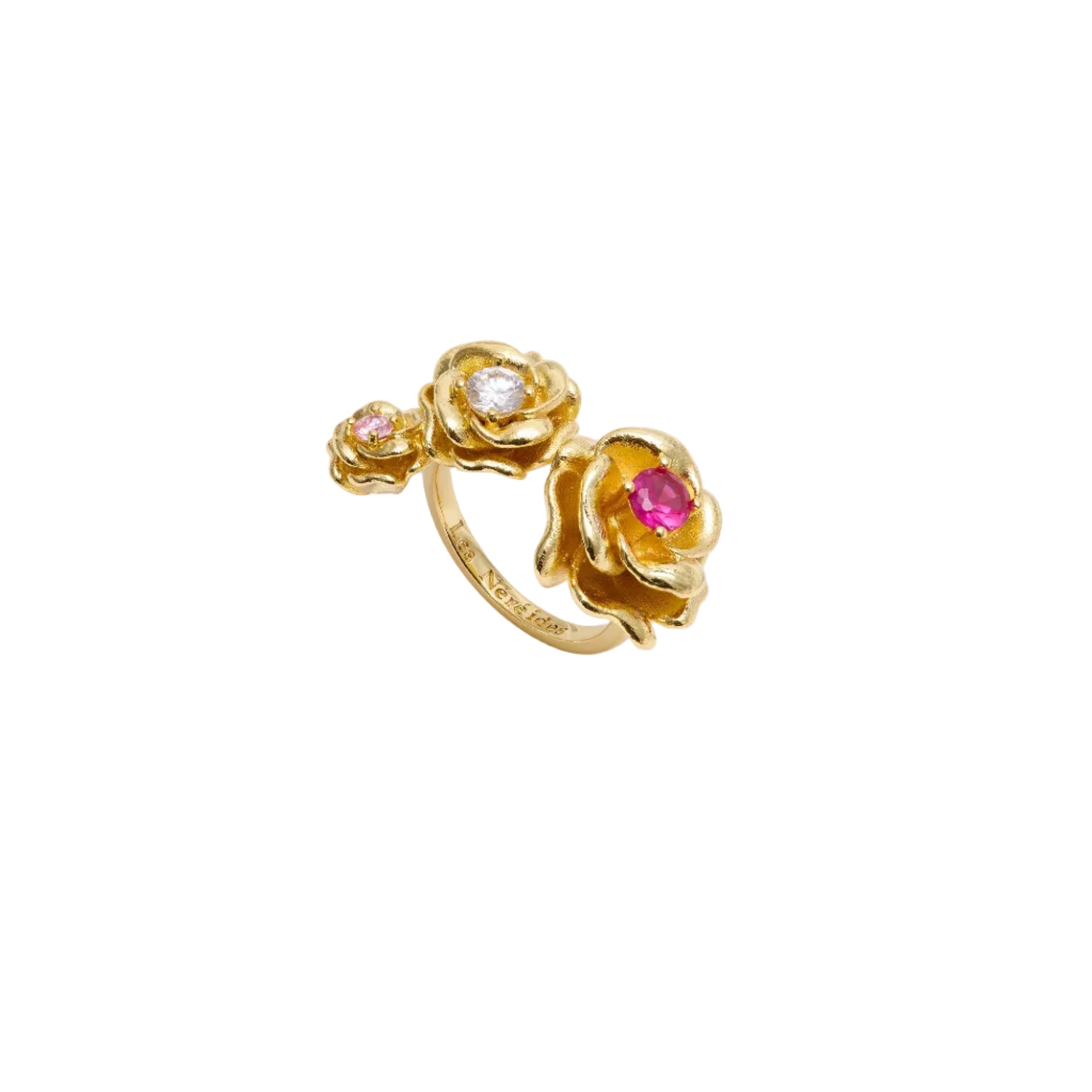 Gold-toned adjustable ring with three rose motifs. The largest rose has a red stone, the middle a clear stone, and the smalle