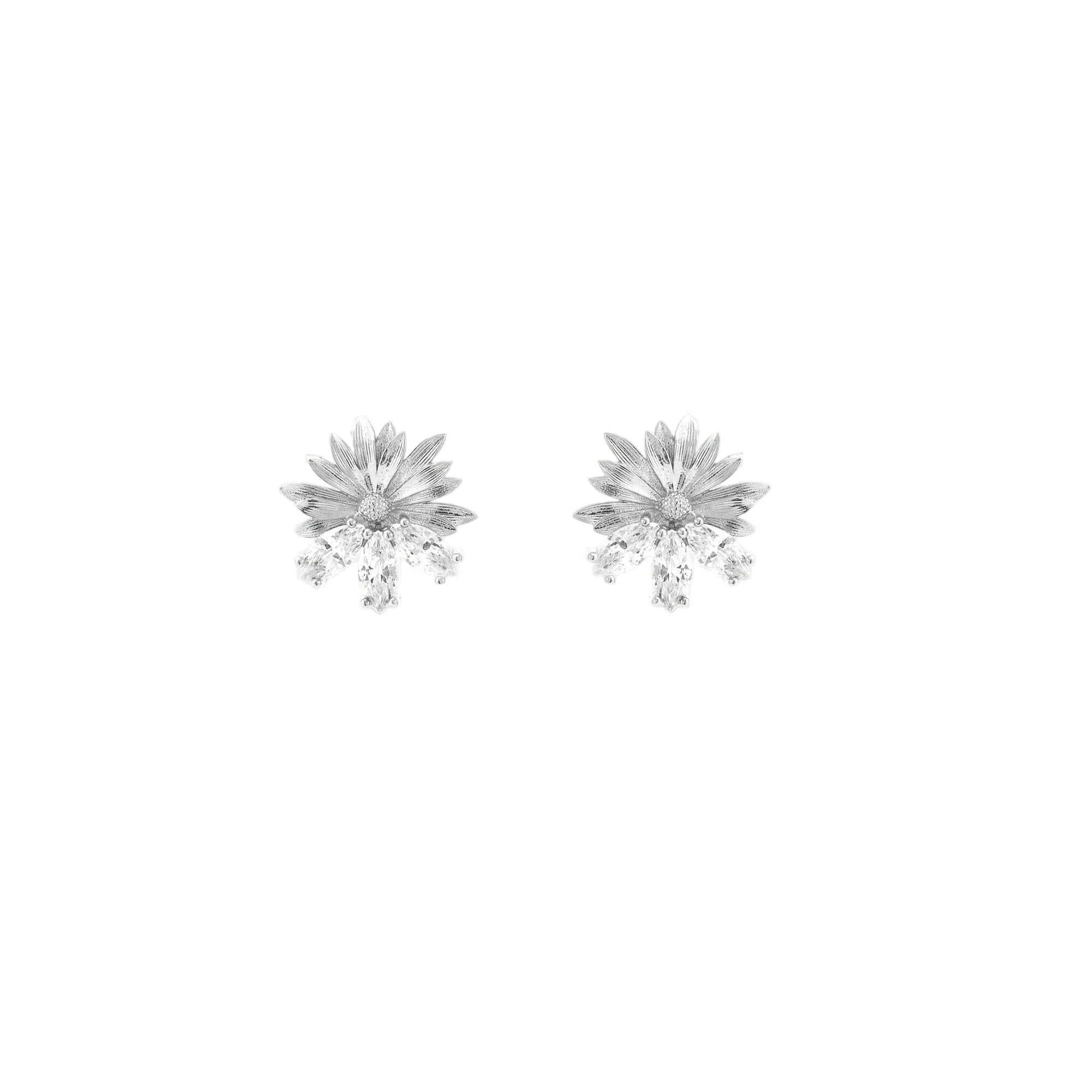 Pair of silver-toned floral post earrings with textured petals and dangling clear marquise and pear-shaped stones.