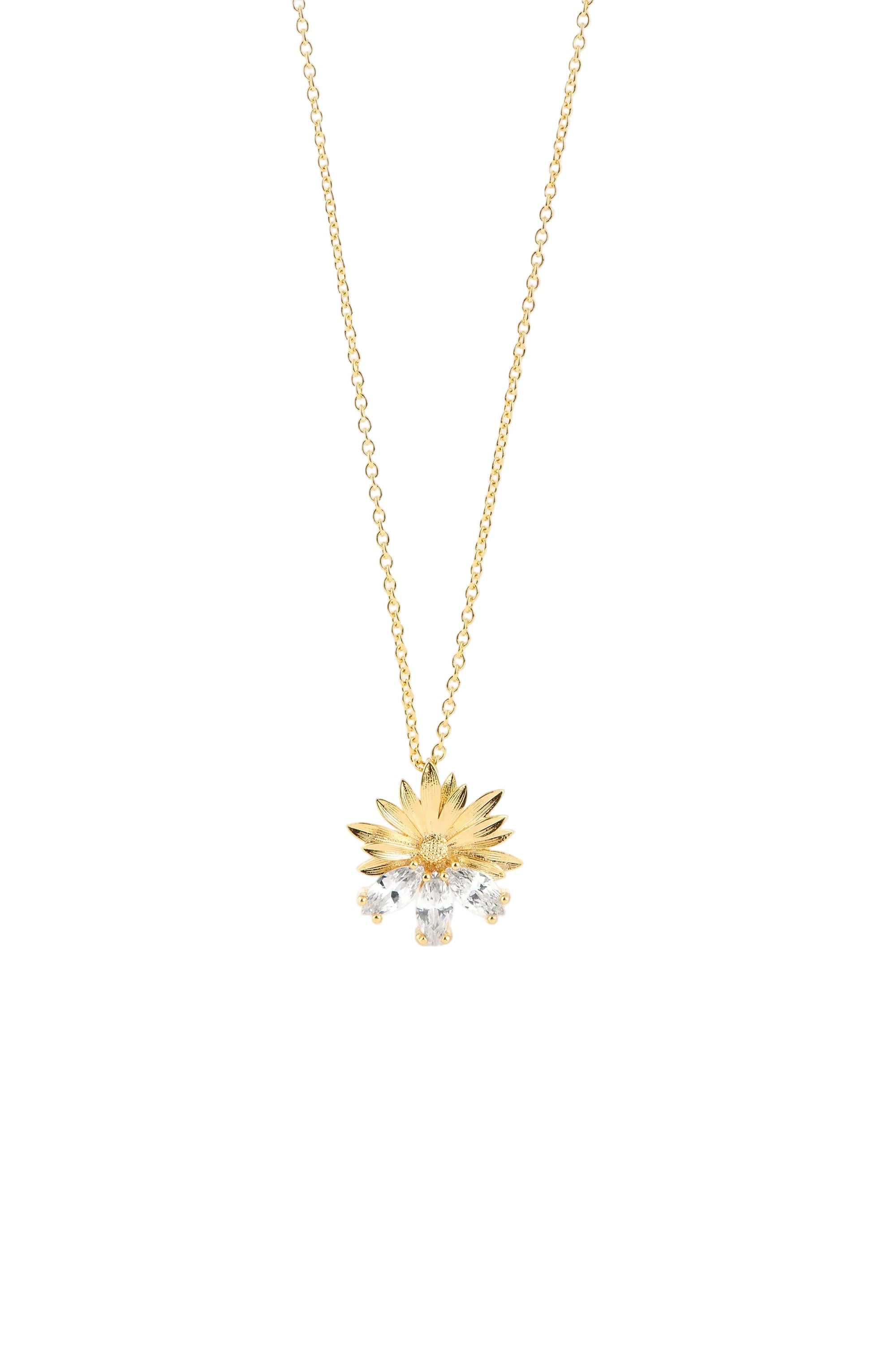Gold-toned necklace with a textured floral pendant and a cluster of clear faceted stones at its base.