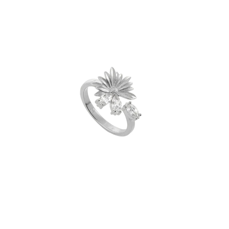 Silver-toned adjustable ring with a textured floral design and three clear marquise-cut stones
