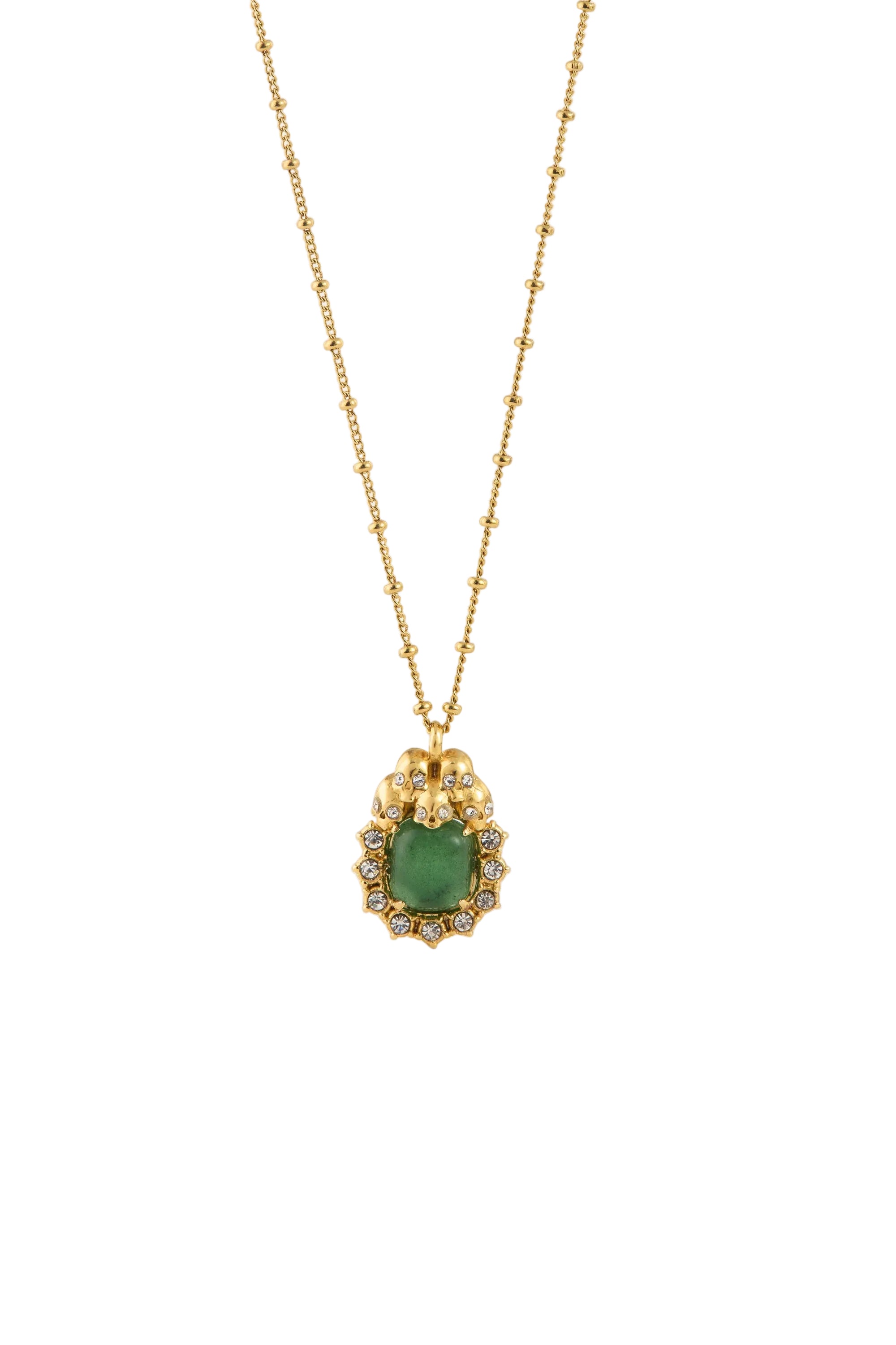 Gold-toned necklace with a central green cushion-shaped stone pendant, surrounded by clear crystals and topped with three sku
