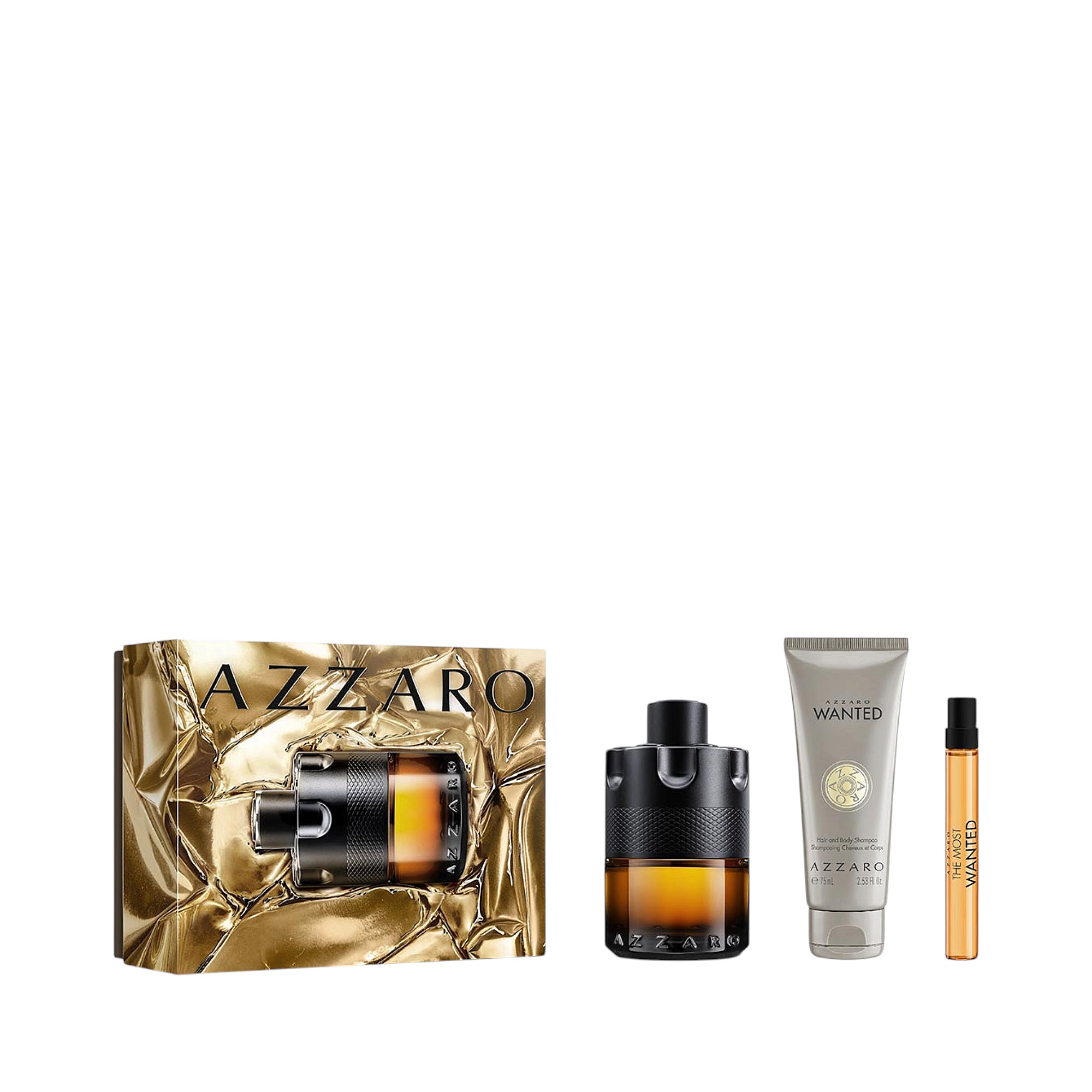 Azzaro Wanted gift set: gold-toned box, amber and black perfume bottle, grey body wash tube, and small amber perfume vial.
