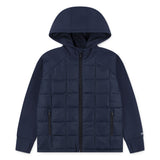 Navy blue Abercrombie & Fitch kids hooded puffer jacket with quilted body, long sleeves, zip front, and side pockets.