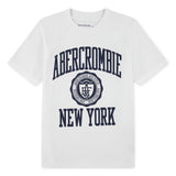 White Abercrombie & Fitch kids T-shirt with navy New York logo print, short sleeves, and classic crew neckline.