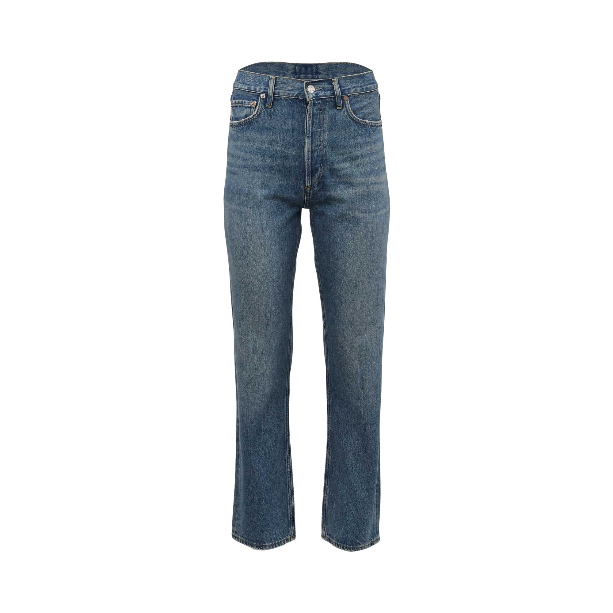 Front studio shot of Agolde 90s Pinch Waist jeans in a medium wash blue, showcasing the high-rise waist and straight-leg cut.