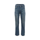 Front studio shot of Agolde 90s Pinch Waist jeans in a medium wash blue, showcasing the high-rise waist and straight-leg cut.