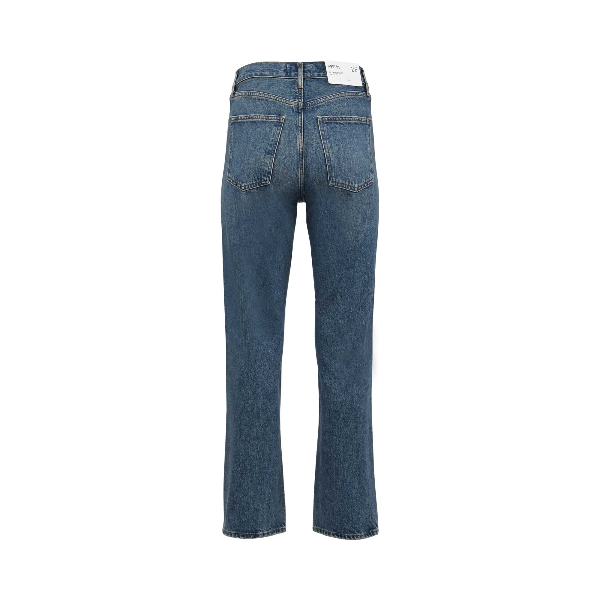 Back studio shot of the blue Agolde straight-leg jeans highlighting the high-positioned patch pockets and white brand waist tag.