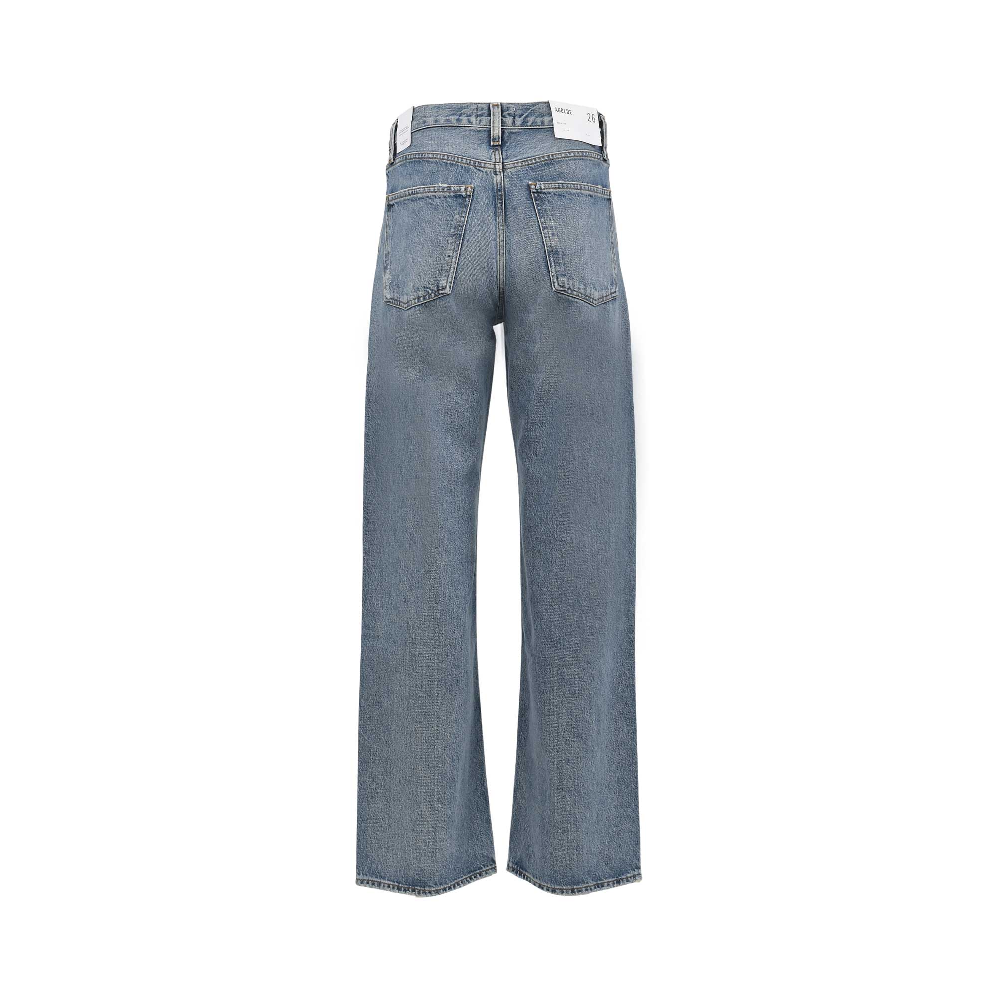 Back studio shot of the blue Agolde jeans showcasing the high-rise fit, classic patch pockets, and white brand label.