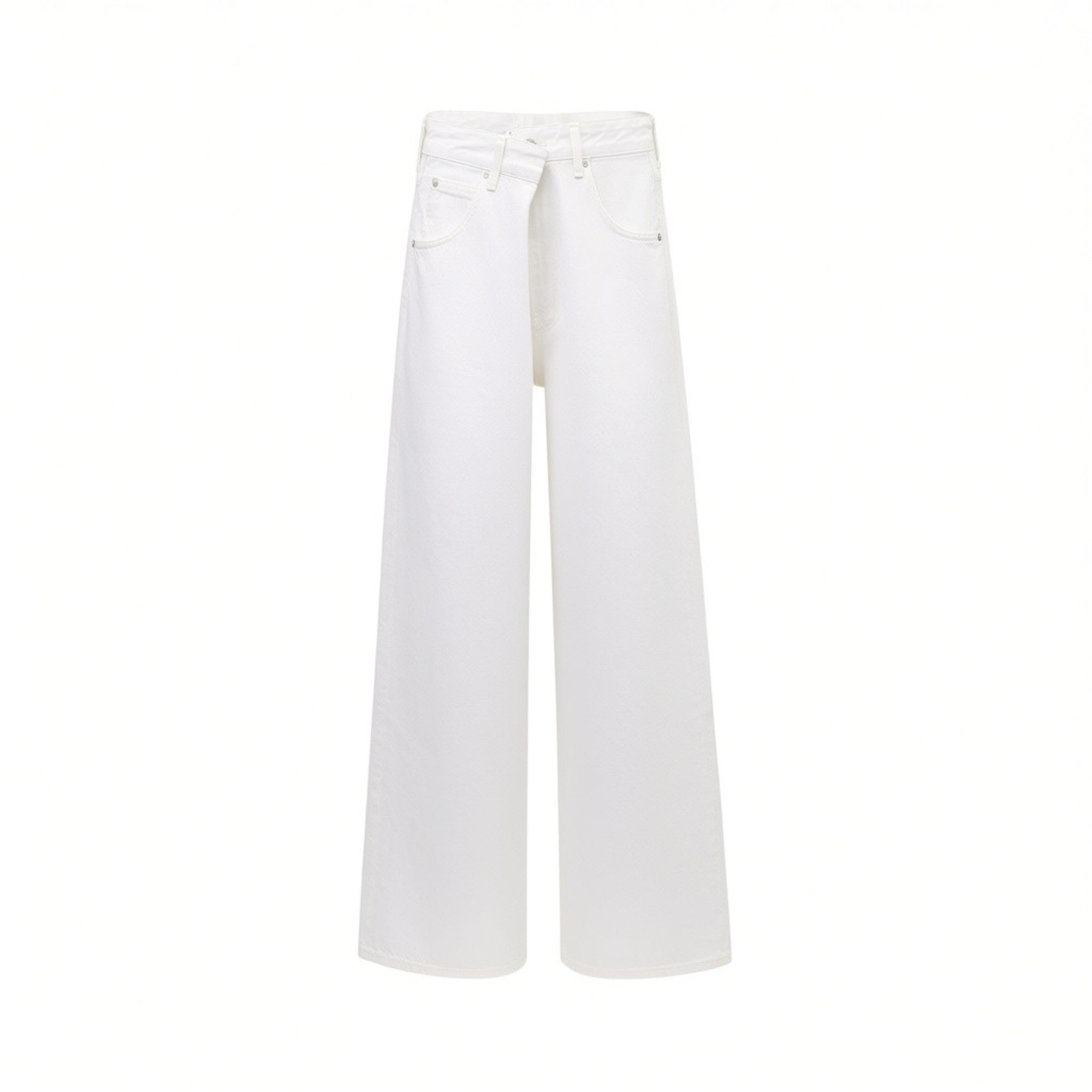 Front studio shot of white Agolde wide-leg jeans highlighting the signature asymmetrical criss-cross crossover waistband.