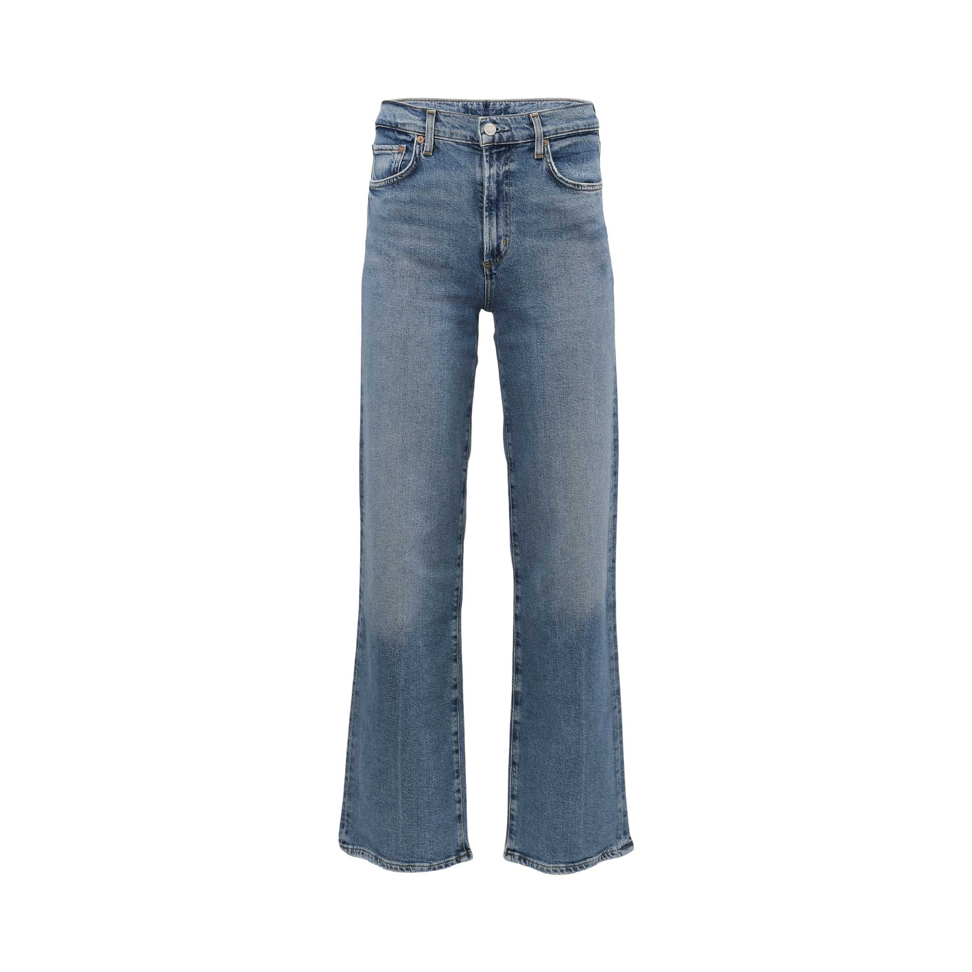 A pair of high-waisted, wide-leg blue denim jeans shown flat against a solid white background.