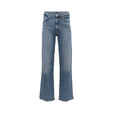 A pair of high-waisted, wide-leg blue denim jeans shown flat against a solid white background.