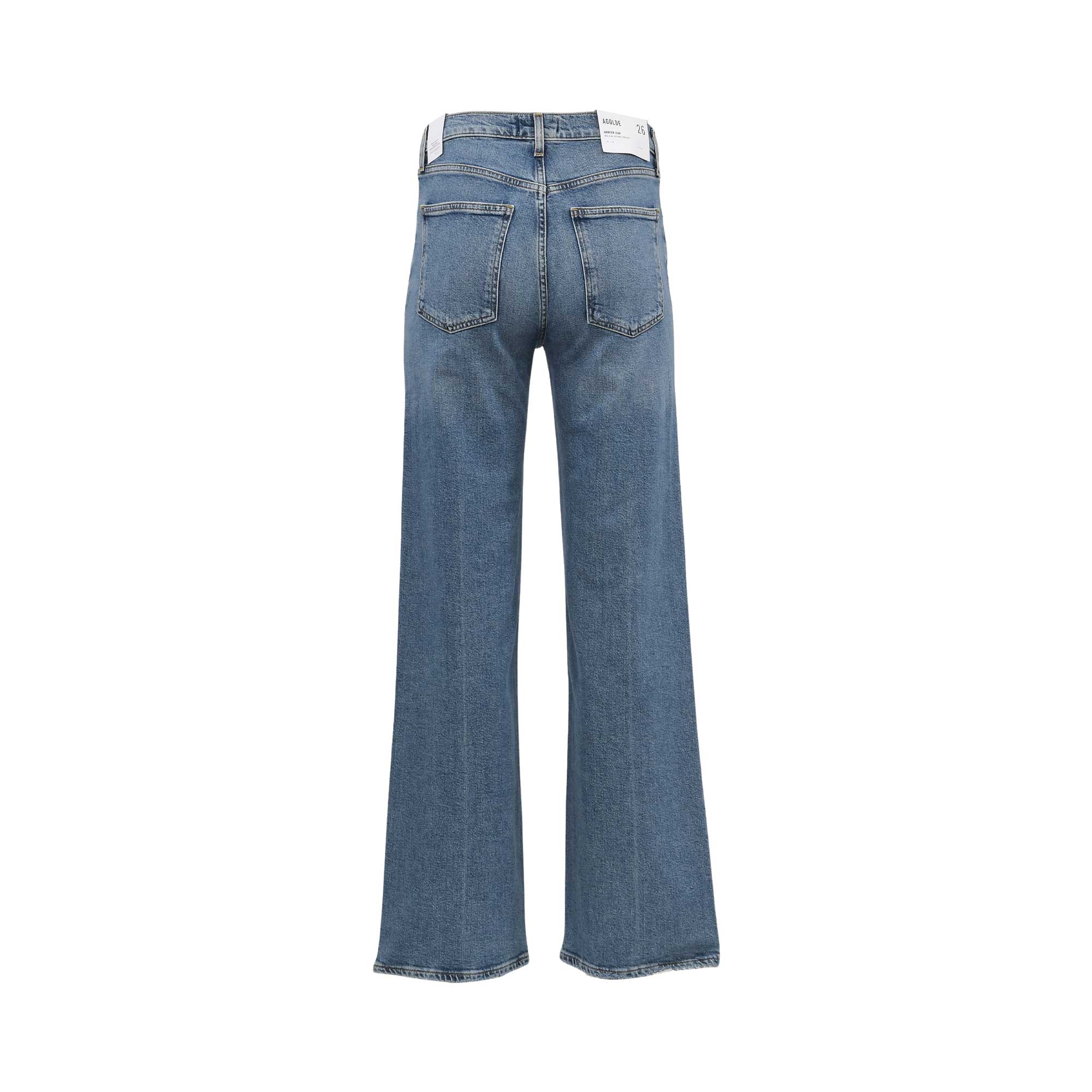 Back view of a pair of high-waisted, wide-leg blue denim jeans on a plain white background.