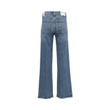Back view of a pair of high-waisted, wide-leg blue denim jeans on a plain white background.
