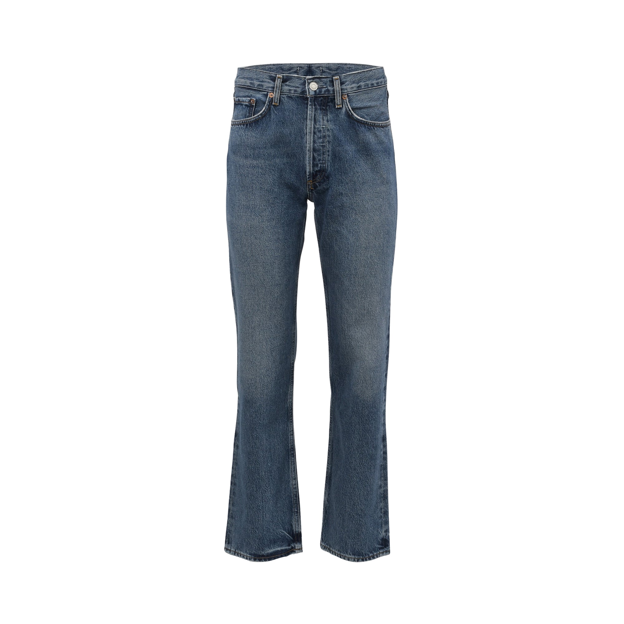 Front studio shot of Agolde Lana straight-leg jeans in a dark wash blue, showcasing the high-rise waist and structured fit.