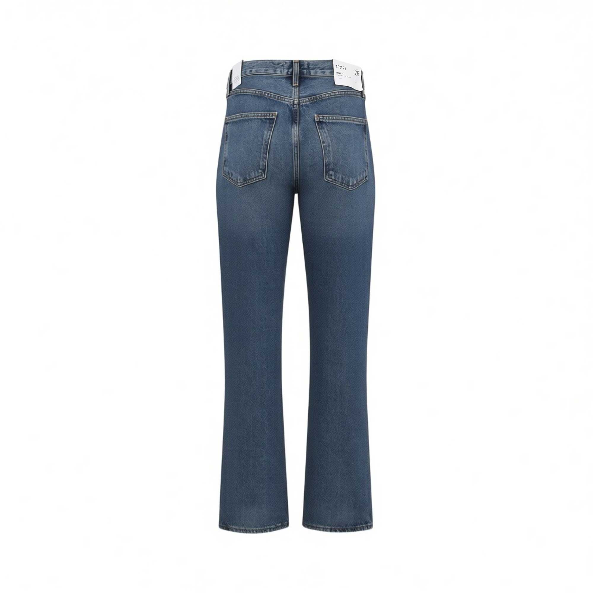 Back studio shot of the dark blue Agolde jeans highlighting the clean straight-leg profile and signature white brand waist label.