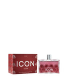 Aigner Icon Elixir Eau de Parfum 100ml rectangular glass bottle filled with pink liquid next to its matching dark red patterned box, from Blue Salon Online.