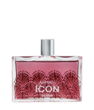 Clear rectangular glass bottle of Aigner Icon Elixir Eau de Parfum 100ml featuring an intricate dark red fan-shaped pattern and a silver cap, from Blue Salon Online.