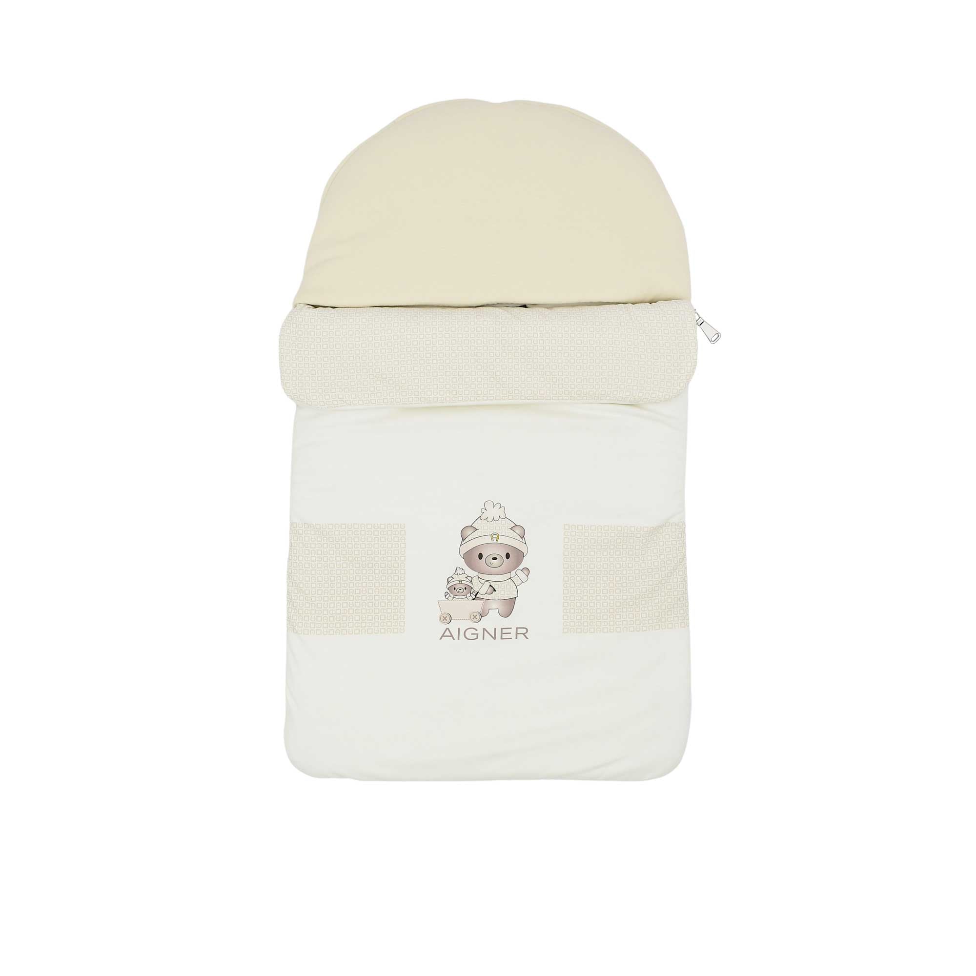 Front view of a beige Aigner Kids baby nest featuring a winter bear family print, beige geometric patterns, and a rounded hood.