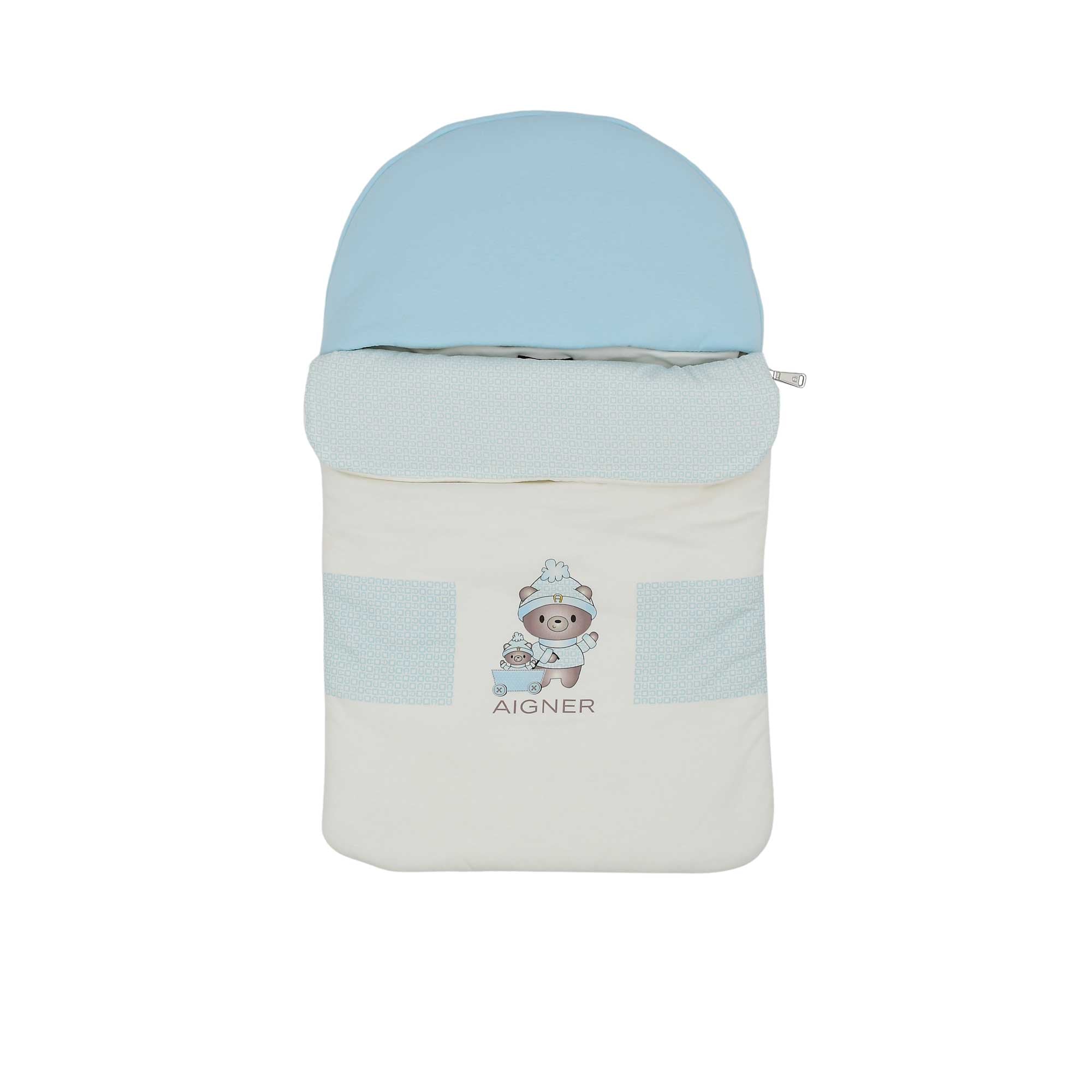 Front view of a blue Aigner Kids baby nest featuring a winter bear family print, beige geometric patterns, and a rounded hood.