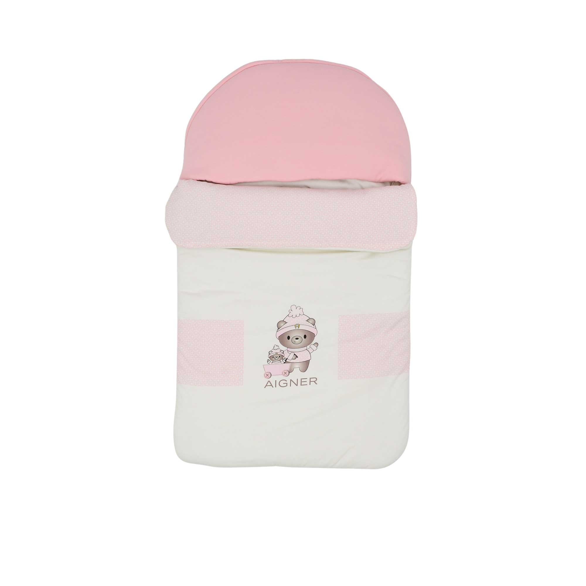 Front view of a pink Aigner Kids baby nest featuring a winter bear family print, beige geometric patterns, and a rounded hood.