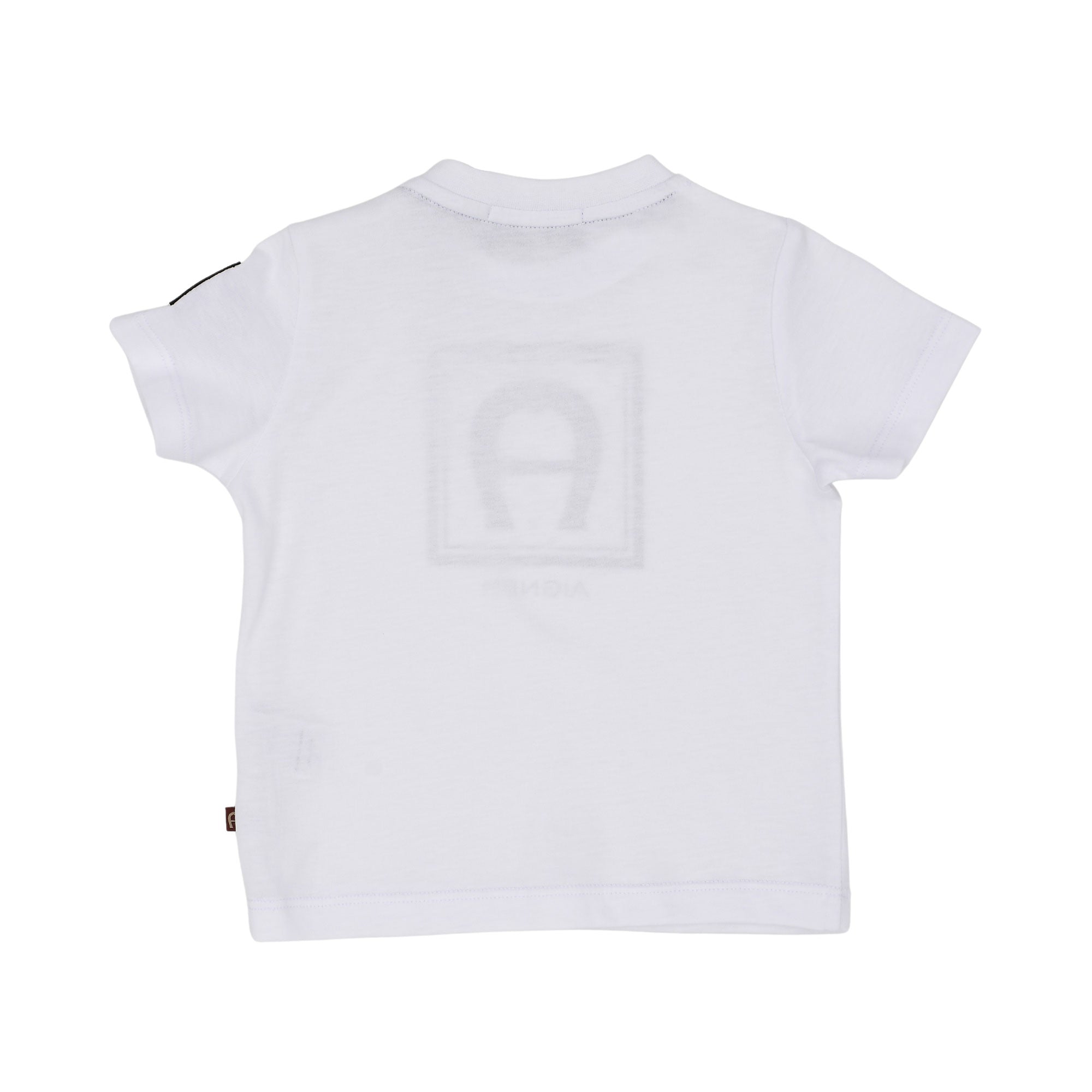 Back view of the white T-shirt highlighting the large horseshoe chest graphic and the sleeve logo patch.