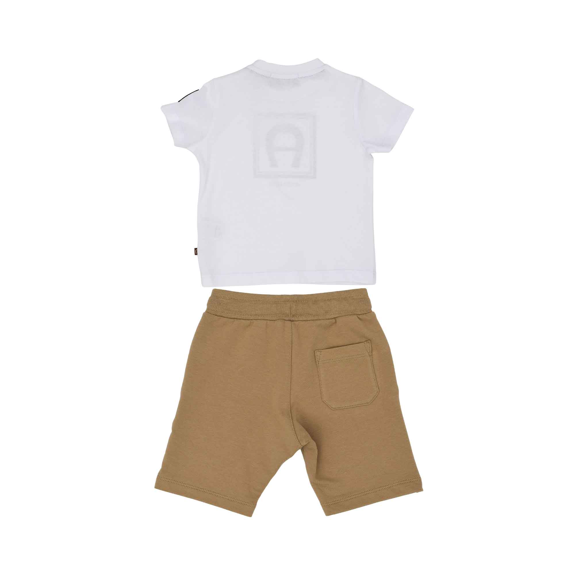 Rear view of the Aigner Kids set showing the simple white back of the shirt and the single patch pocket on the tan shorts.