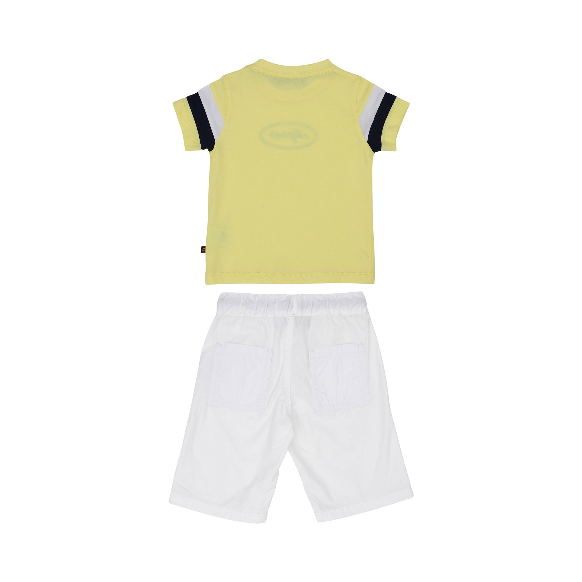 Rear view of the set showing the plain yellow back of the shirt and the two patch pockets on the white shorts.