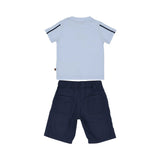 The reverse of the Aigner Kids set showing the plain light blue back of the tee and the two functional patch pockets on the back of the navy shorts.