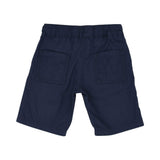 A close-up of the navy Aigner Kids shorts showing the textured drawstring and the square white logo patch.