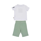 The reverse side of the white and forest green Aigner Kids set. Shows the plain white back of the T-shirt and the back of the green shorts, which feature two functional patch pockets and an elasticated waistband.