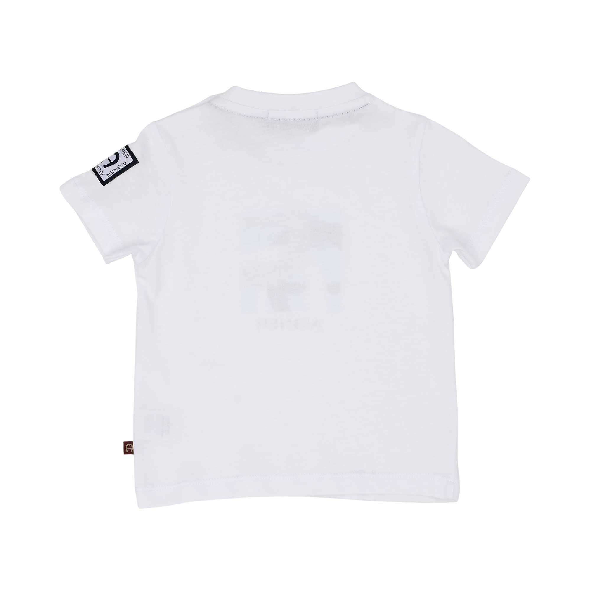 Rear view of a plain white Aigner Kids cotton T-shirt showing the branded black square patch on the sleeve and a small logo tag at the side seam.