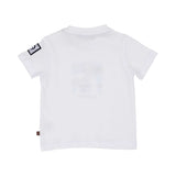 Rear view of a plain white Aigner Kids cotton T-shirt showing the branded black square patch on the sleeve and a small logo tag at the side seam.