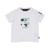 Front view of a white Aigner Kids baby T-shirt featuring a sage green and blue abstract horseshoe logo graphic on the chest and popper buttons on the shoulder.