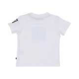 The reverse side of a plain white Aigner Kids baby t-shirt showing the clean stitching at the neckline and hem, with the logo tape visible on the sleeve edge.