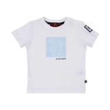 A white short-sleeved t-shirt for baby boys by Aigner Kids, featuring a light blue square graphic with the horseshoe logo and "AIGNER" printed in navy. Includes two white snap buttons on the left shoulder and a logo patch on the left sleeve.