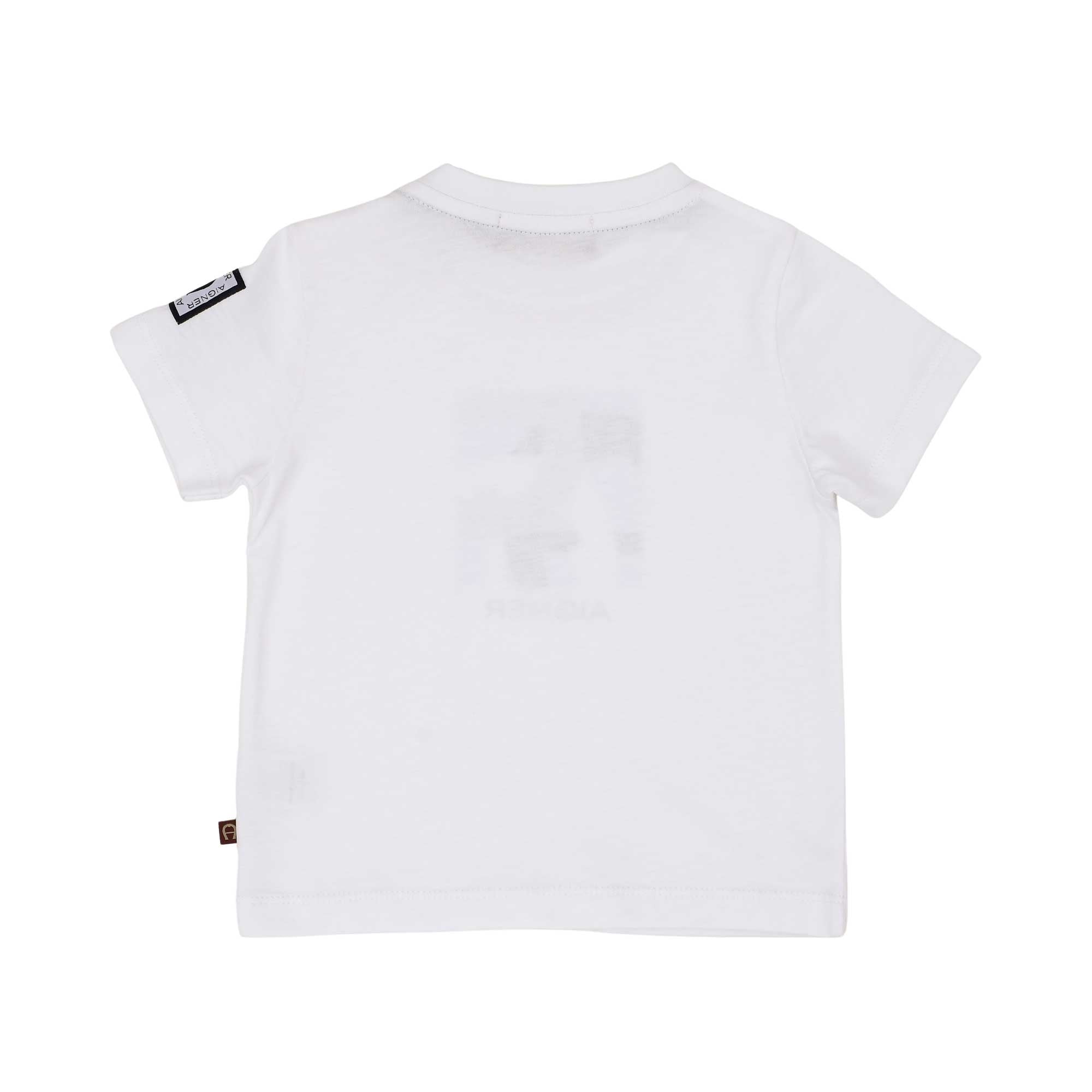 Rear view of a plain white and beige  Aigner Kids cotton T-shirt showing the branded black square patch on the sleeve and a small logo tag at the side seam.